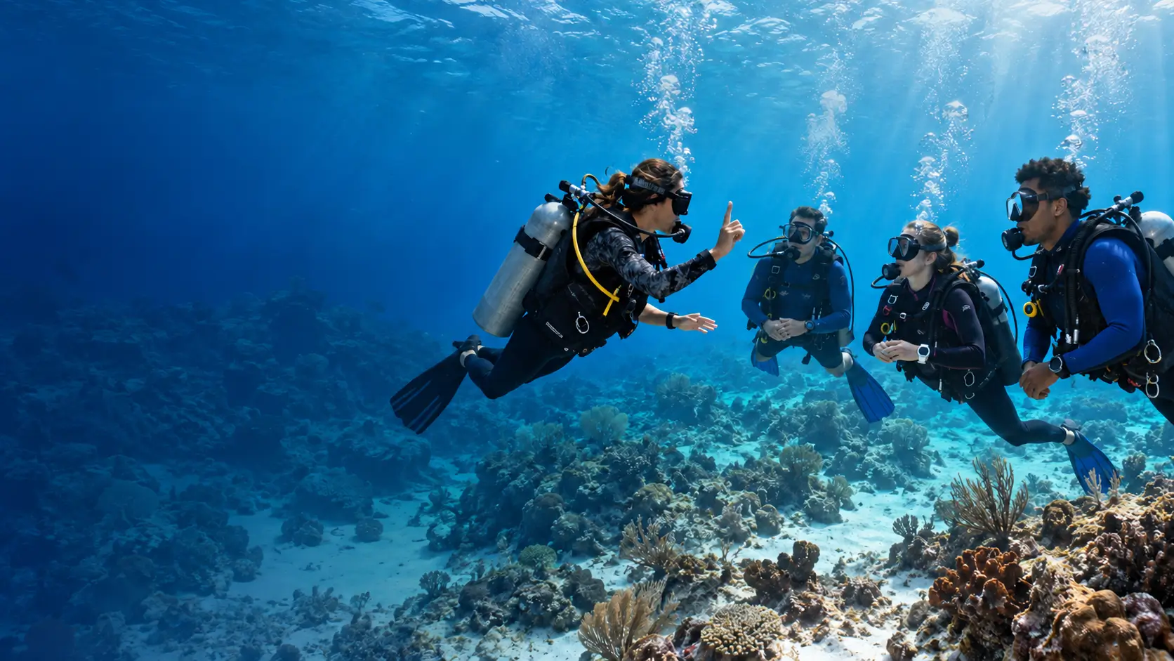 PADI instructor teaching students during open water training