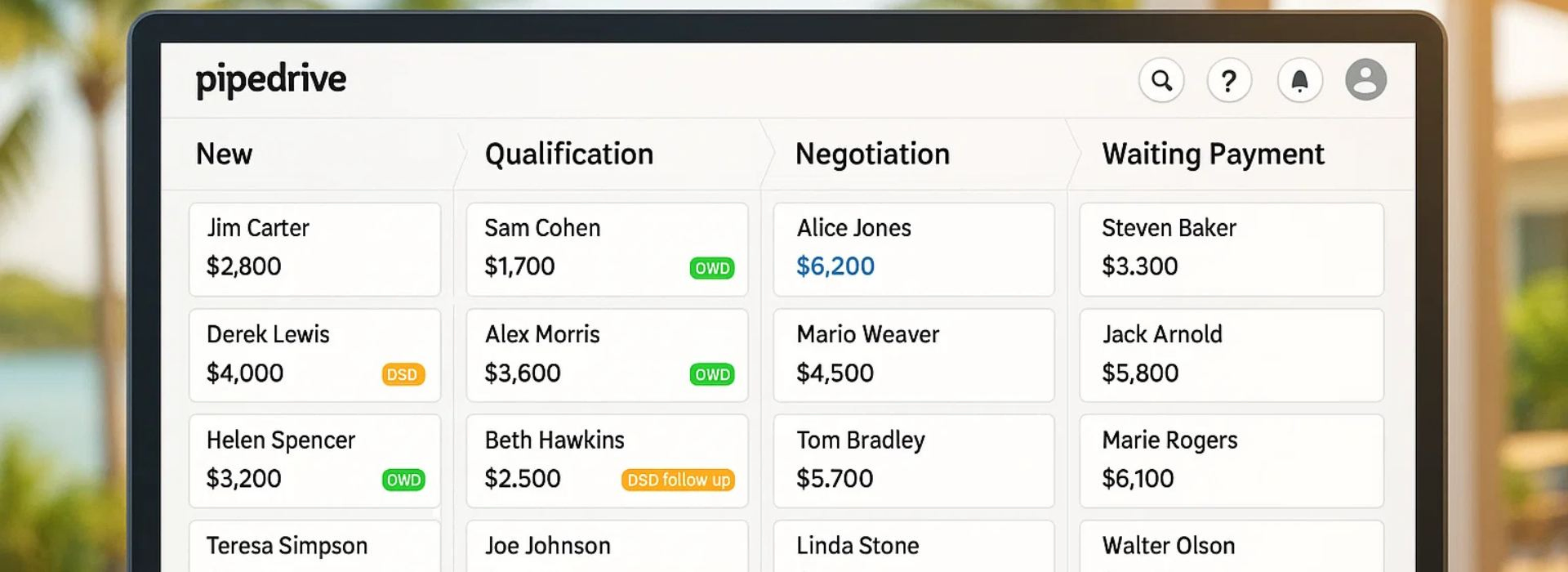 Dive Center Operations: CRM pipeline for a dive shop showing deal stages from New to Waiting Payment, used for weekly tactical meetings in dive center operations.