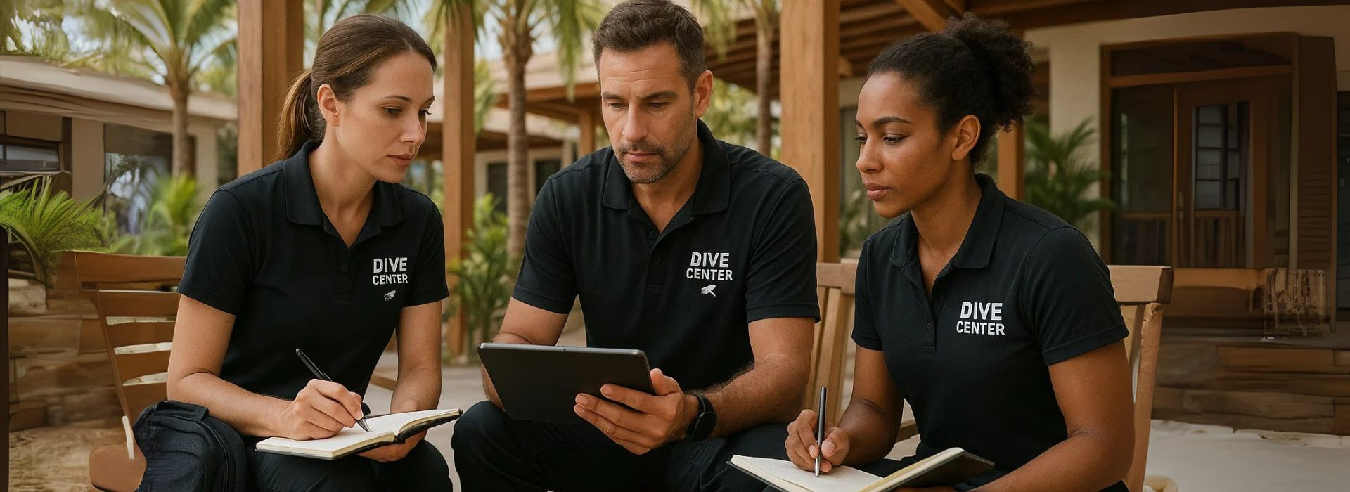 Dive Center Operations: Three dive professionals in branded uniforms reviewing performance data during a quarterly team meeting on a dive center patio.