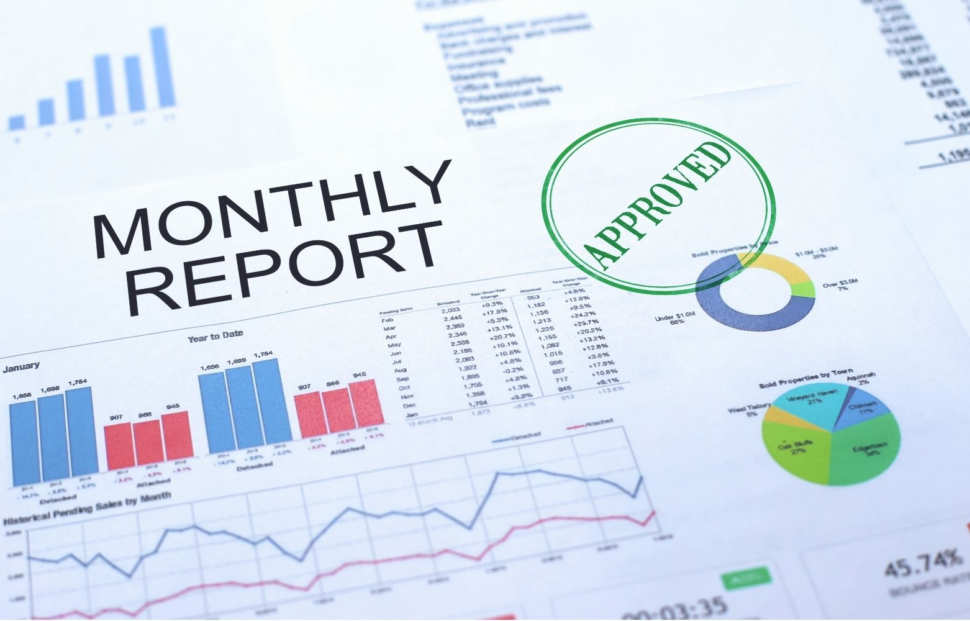 Dive Center Operations: Approved monthly sales report showing charts and metrics used in dive center strategic planning and performance review meetings.