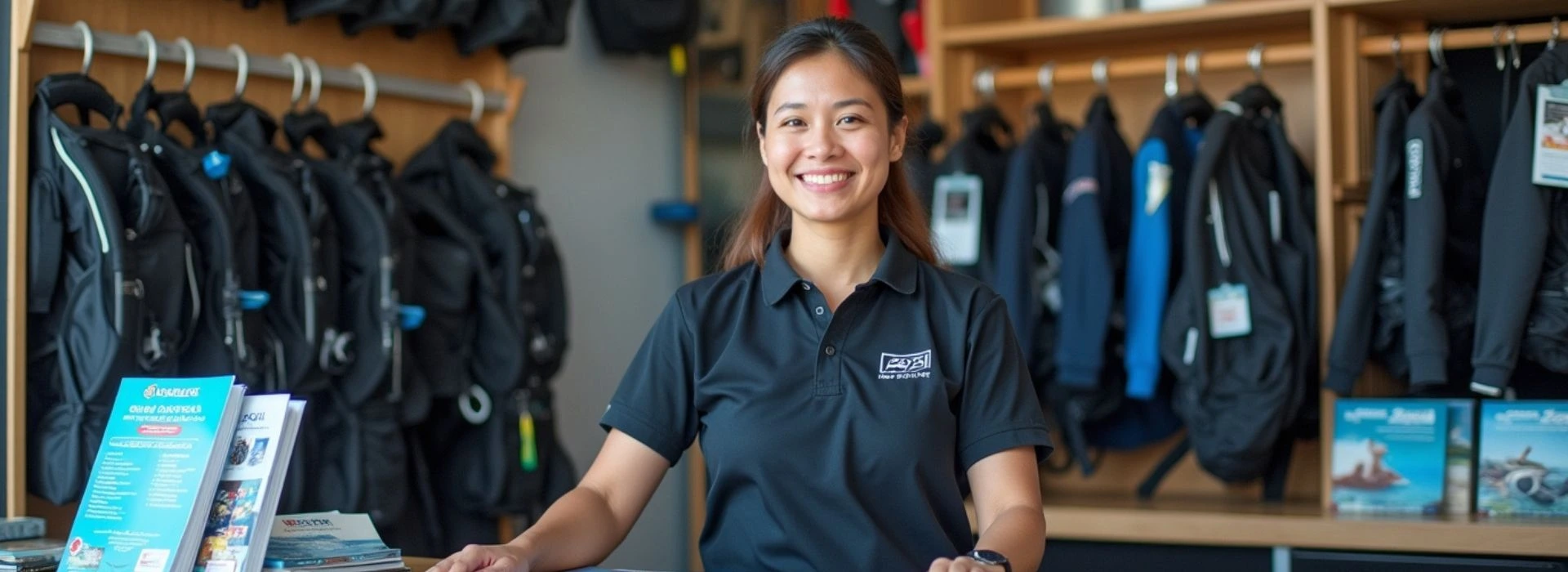 Smiling PADI dive shop staff member at the counter with brochures and scuba gear, representing sales for dive professionals through customer service and course promotion.