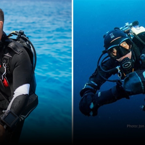 Recreational diver on the surface and a technical diver underwater with twin cylinders, showing the first steps for technical diving training.