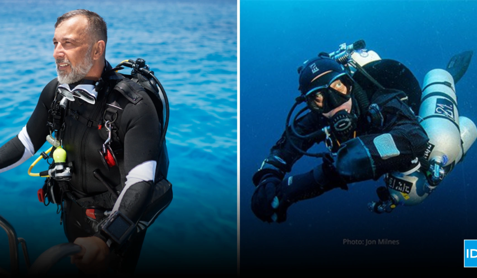 Recreational diver on the surface and a technical diver underwater with twin cylinders, showing the first steps for technical diving training.