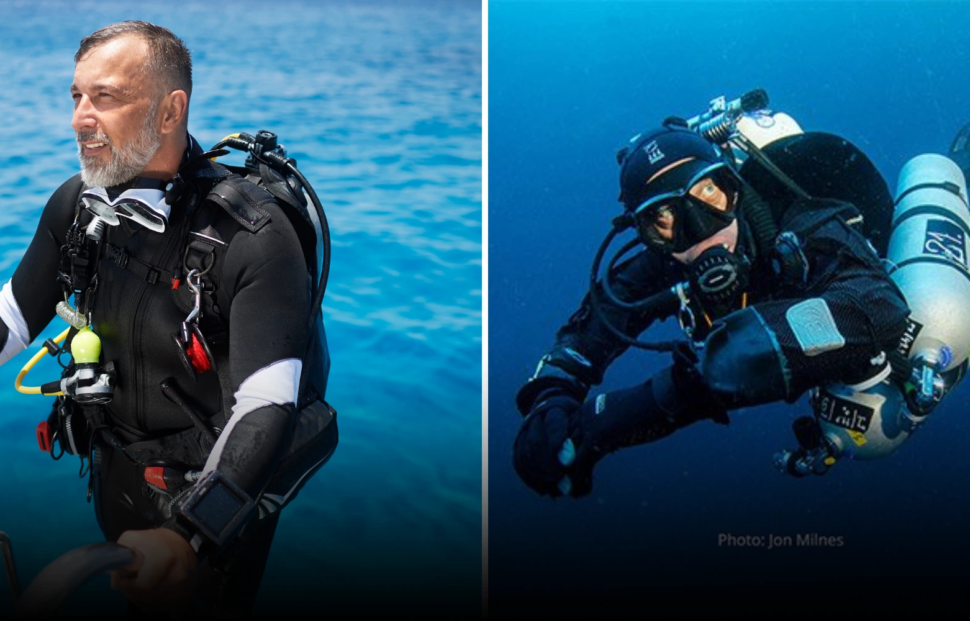 Recreational diver on the surface and a technical diver underwater with twin cylinders, showing the first steps for technical diving training.