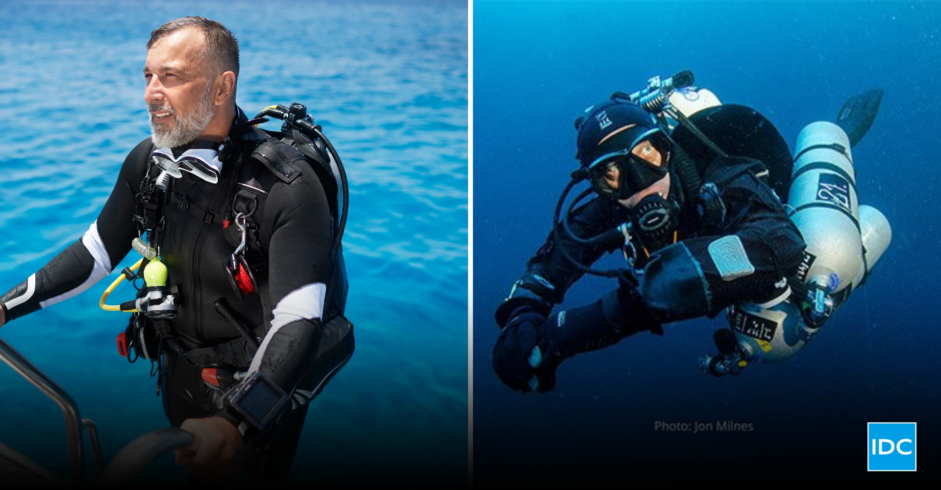 Recreational diver on the surface and a technical diver underwater with twin cylinders, showing the first steps for technical diving training.