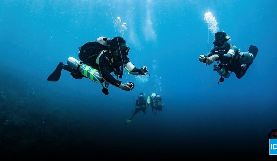 Two Tec Divers working together underwater during a decompression stop in Roatán, representing the teamwork and precision of a Tec Safety Diver.