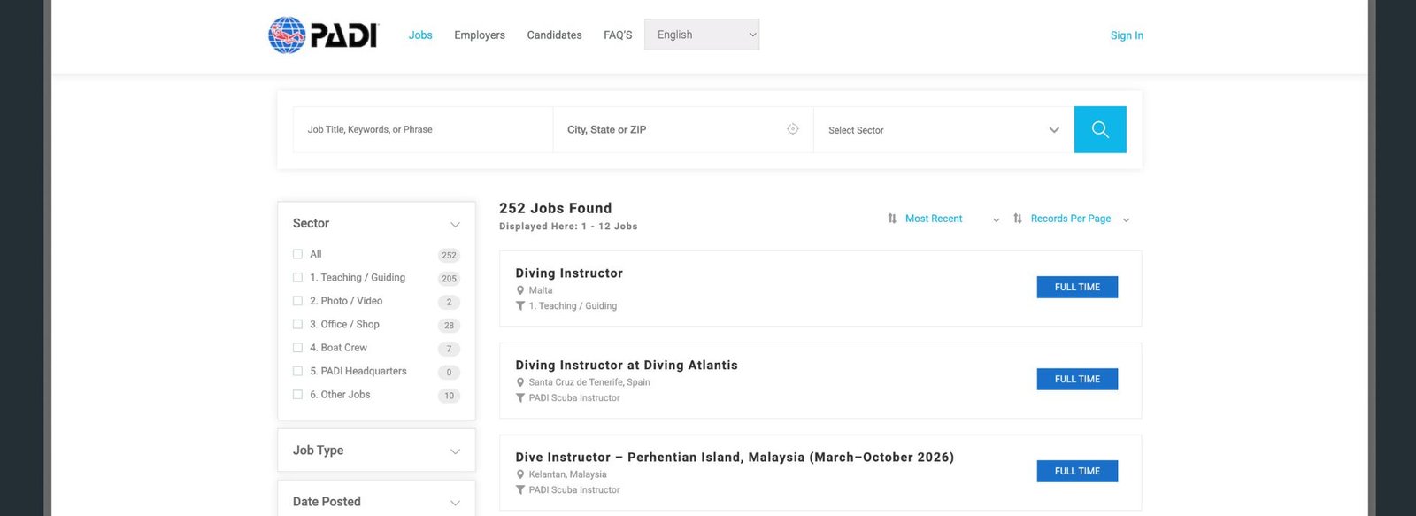 PADI Job Board interface listing diving instructor jobs, highlighting career opportunities from PADI membership benefits.