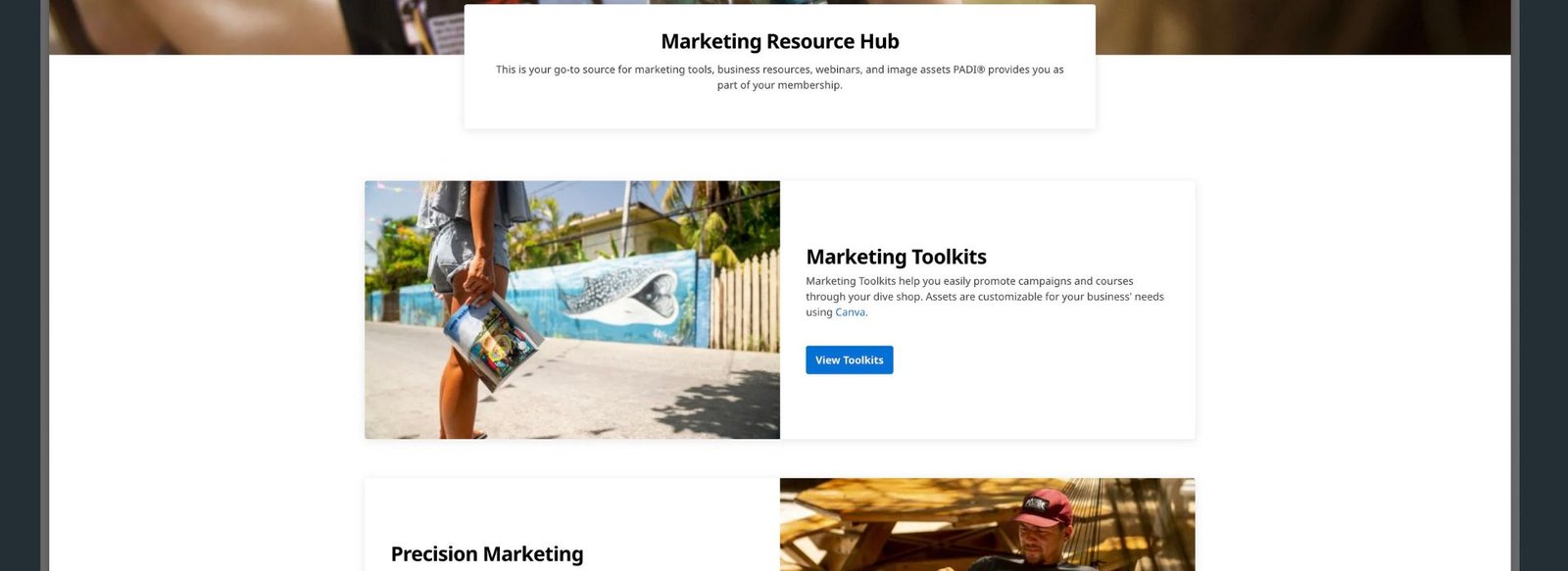 Screenshot of the PADI Marketing Hub showing toolkits that are part of PADI membership benefits.