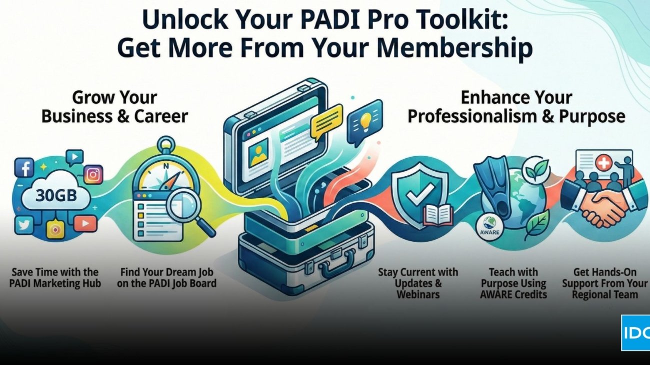 Infographic about PADI membership benefits showing tools like the Marketing Hub, Job Board, AWARE credits, updates and regional support.