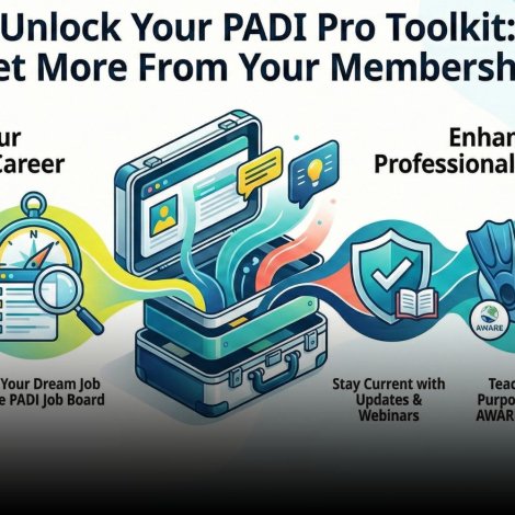 Infographic about PADI membership benefits showing tools like the Marketing Hub, Job Board, AWARE credits, updates and regional support.