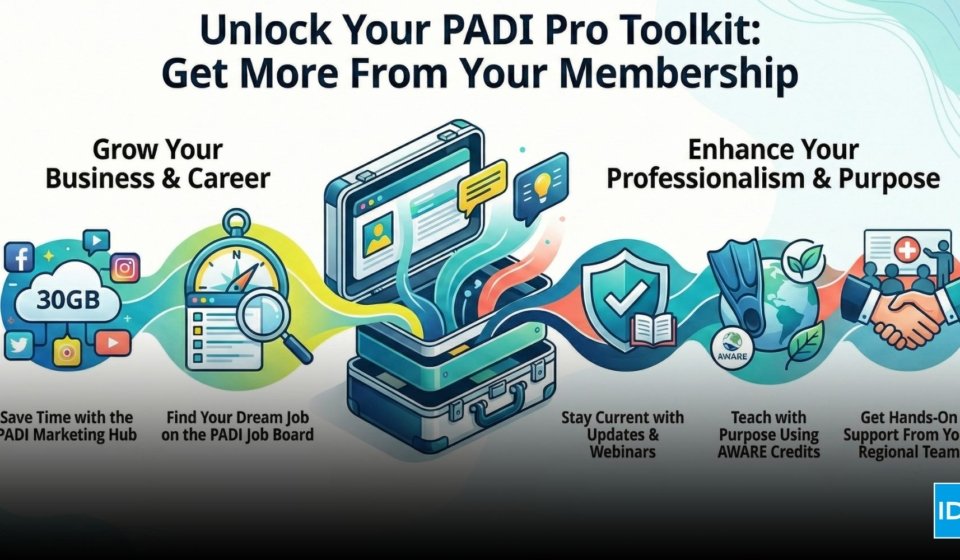 Infographic about PADI membership benefits showing tools like the Marketing Hub, Job Board, AWARE credits, updates and regional support.