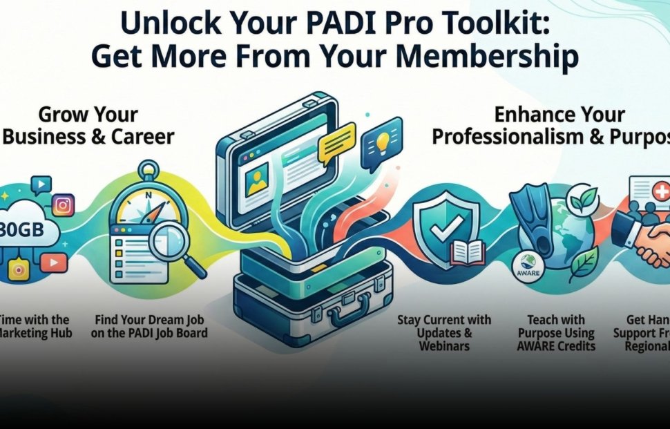 Infographic about PADI membership benefits showing tools like the Marketing Hub, Job Board, AWARE credits, updates and regional support.