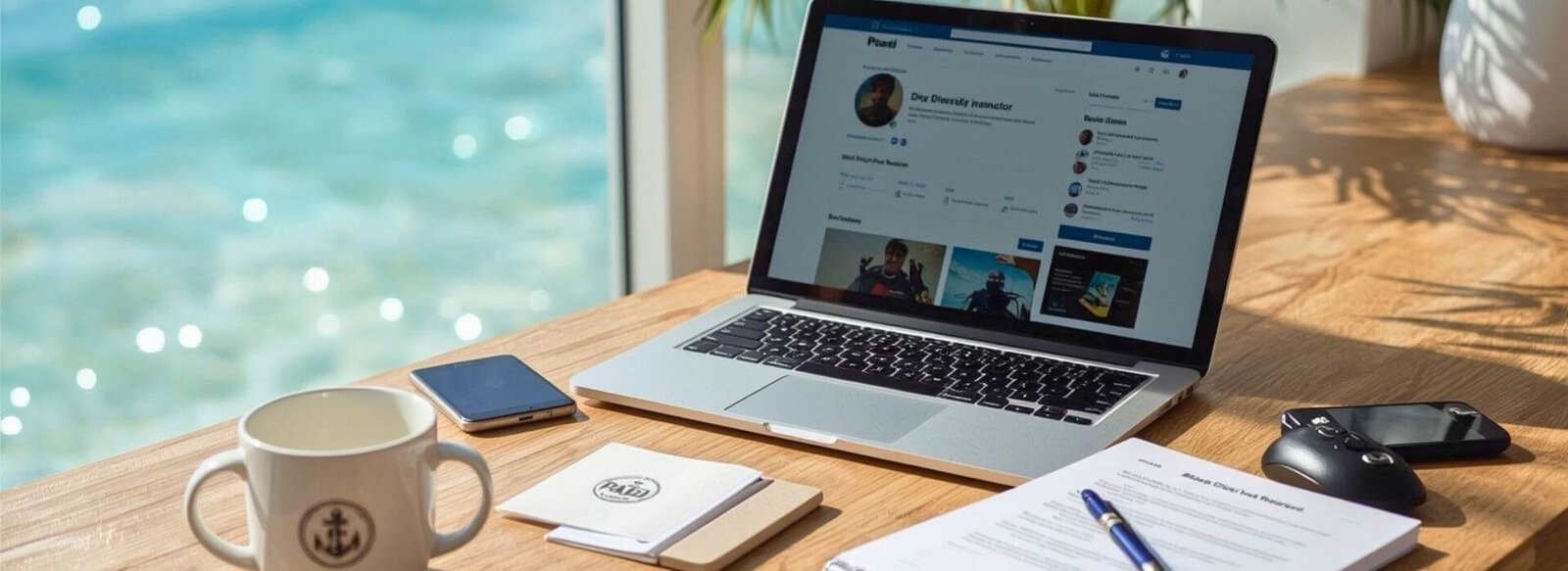 Scuba diving instructor using a laptop and GoPro camera, capturing footage and posting content, symbolizing the role of digital marketing in the dive instructor job market.