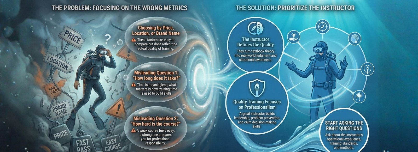 Divemaster course comparison showing why instructor experience matters more than price, location, or speed