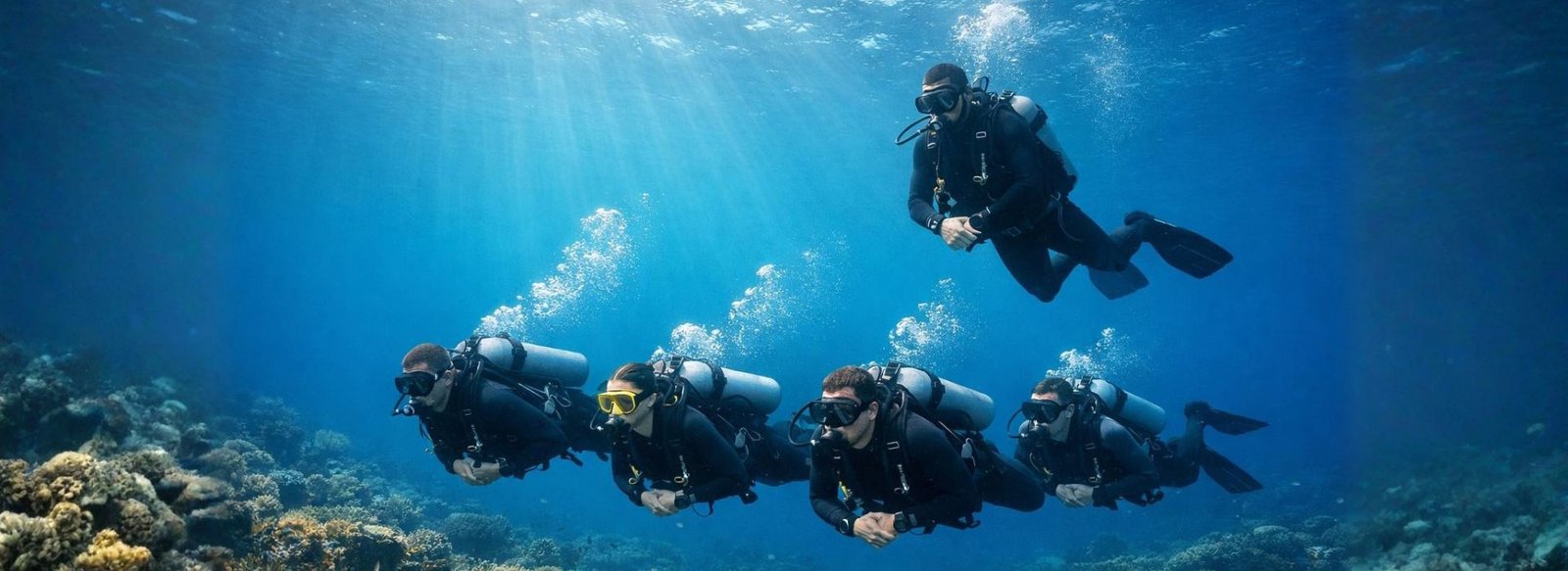 PADI career path leadership shift, Divemaster supervising a group dive with calm control and strong awareness