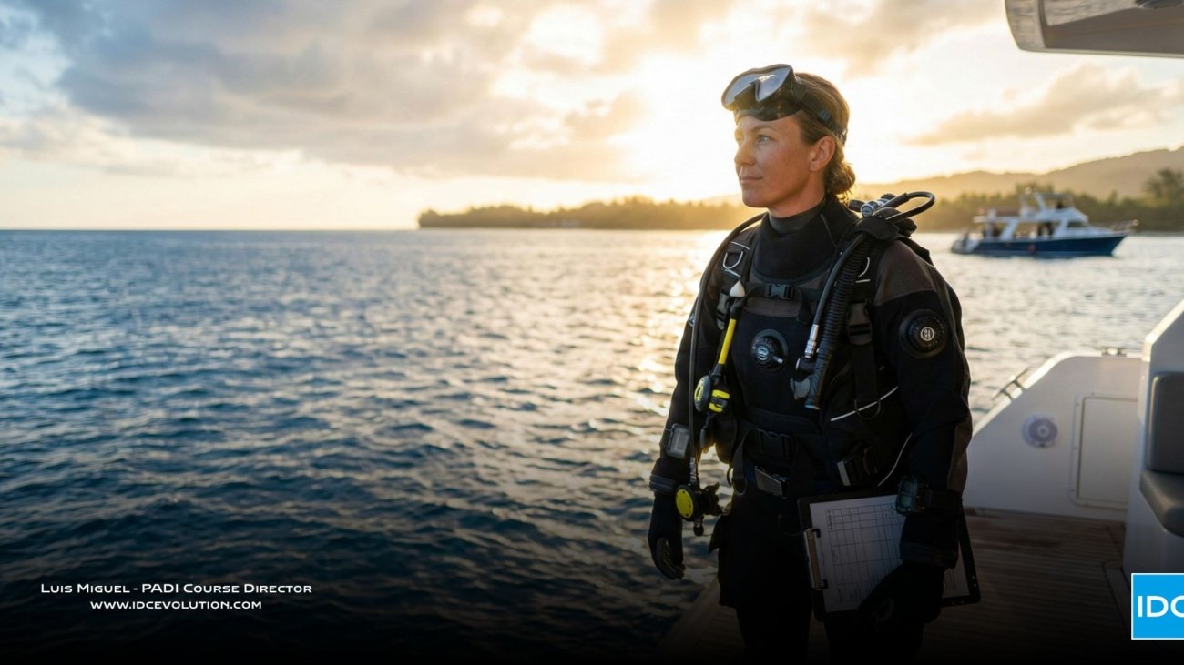 PADI career path milestone, diver preparing on a boat at sunset, ready to grow from Open Water to PADI Instructor