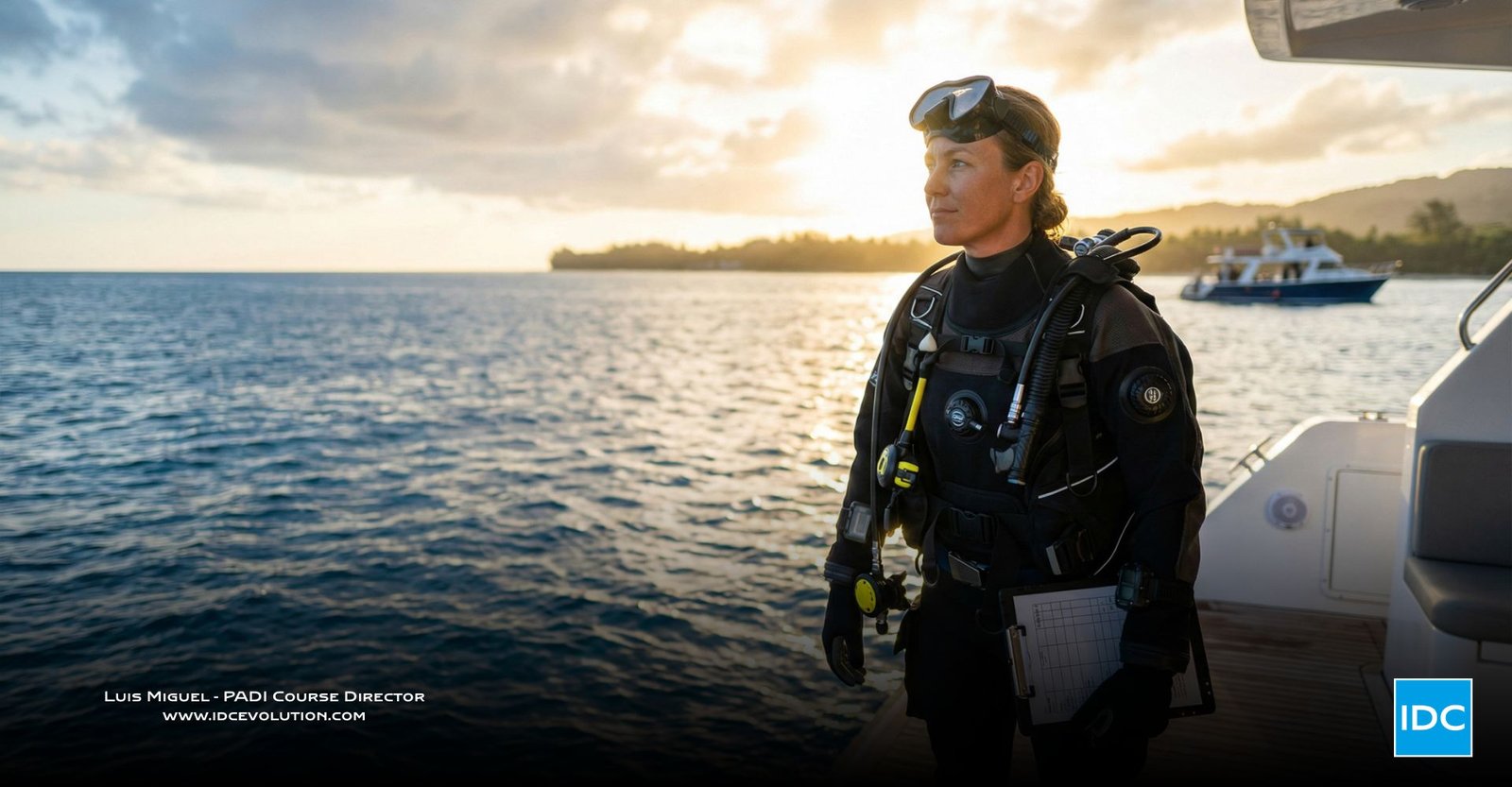 PADI career path milestone, diver preparing on a boat at sunset, ready to grow from Open Water to PADI Instructor