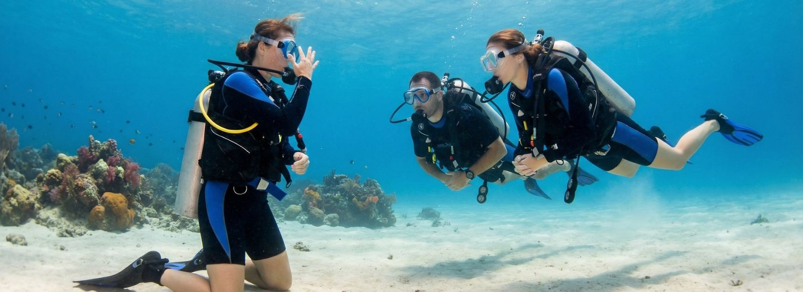 PADI career path teaching mindset, instructor demonstrating a skill in shallow water while students observe